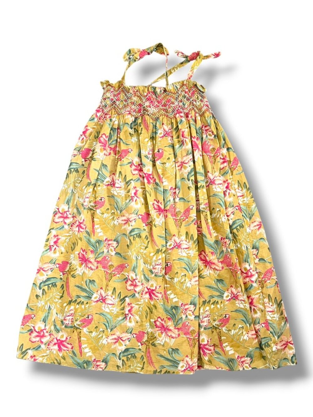 Louise Misha Marceline Soft Honey Parrots Smocked Ruffle Gold Yellow Dress 5Y